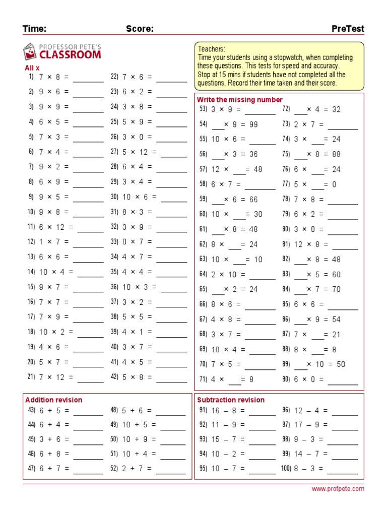 Mult Tables PreTest | PDF