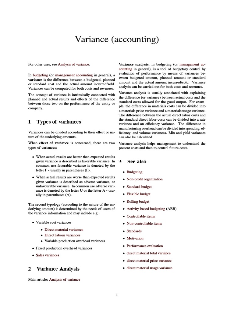 Variance Analysis WIKIPEDIA PDF PDF Variance Cost