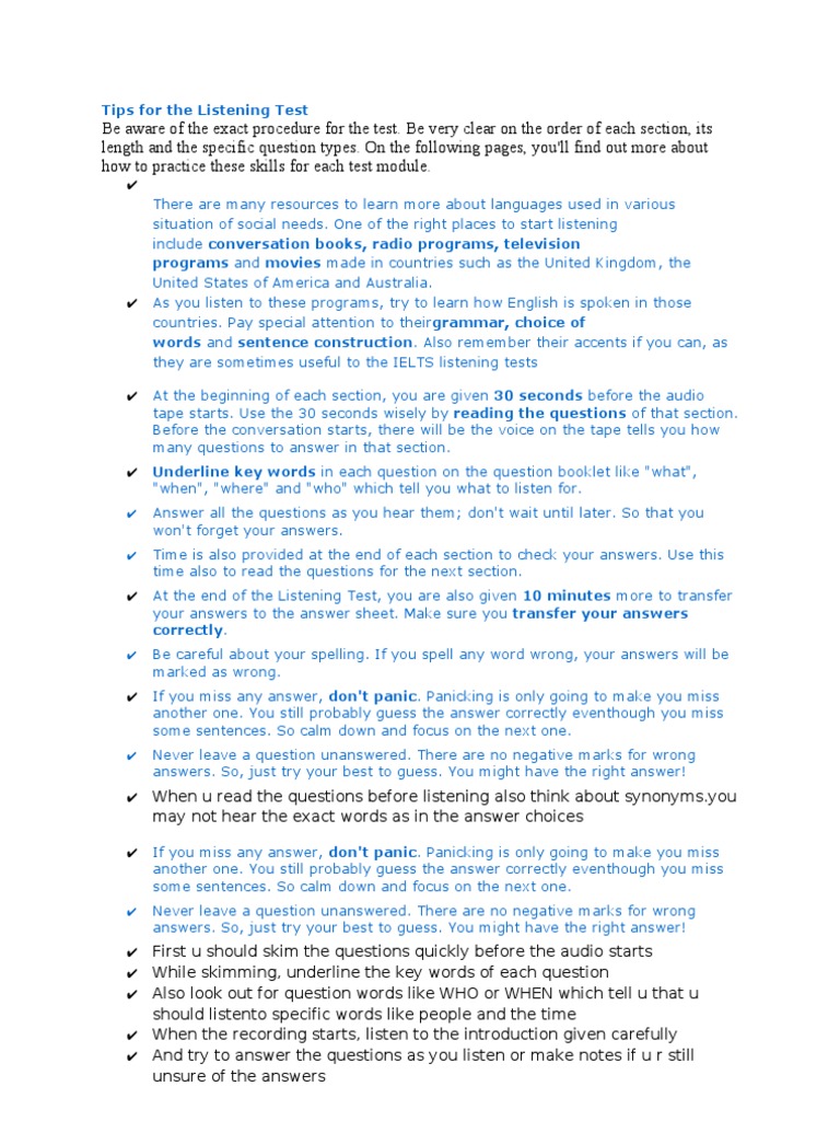 Tips For IELTS Listening Test | PDF | Question | International English ...