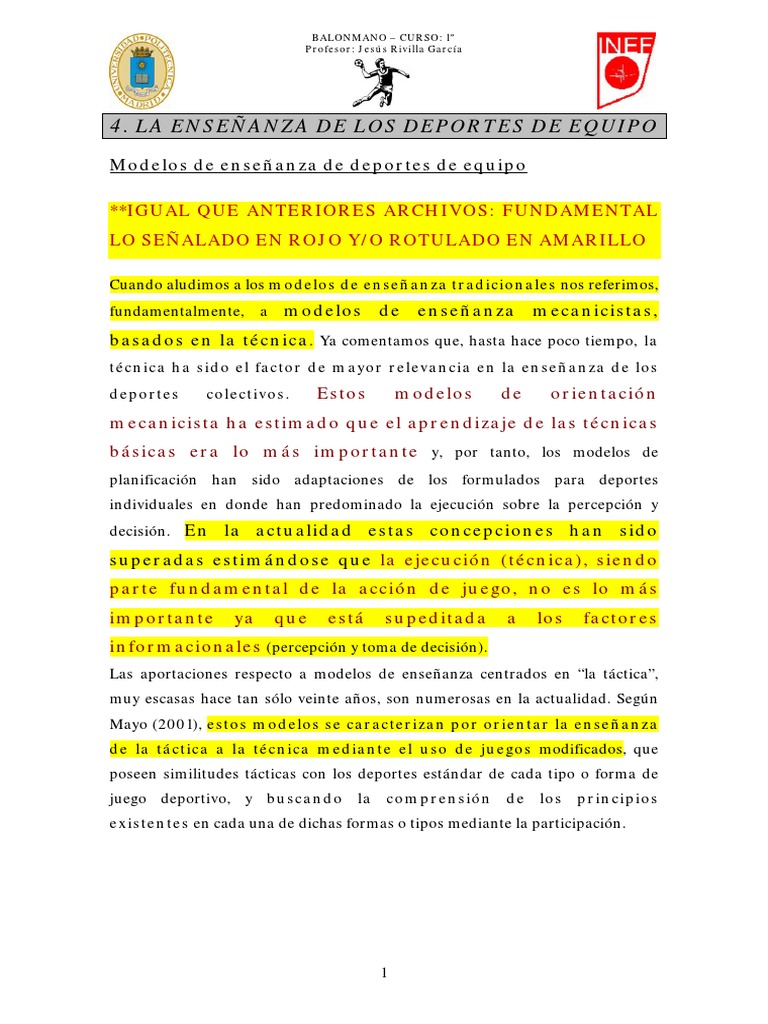 La Ensenanzaen Los Deportes de Equipo | PDF | Percepción | Aprendizaje