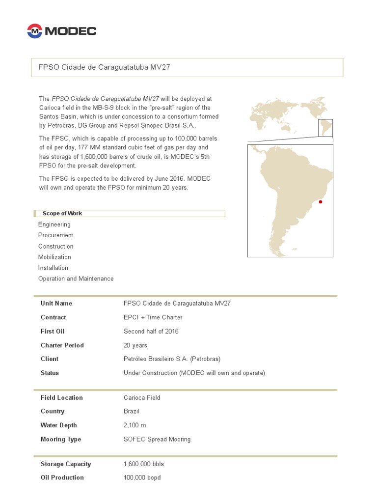 FPSO Cidade de Caraguatatuba MV27 - MODEC FPSO - FSO Projects | PDF