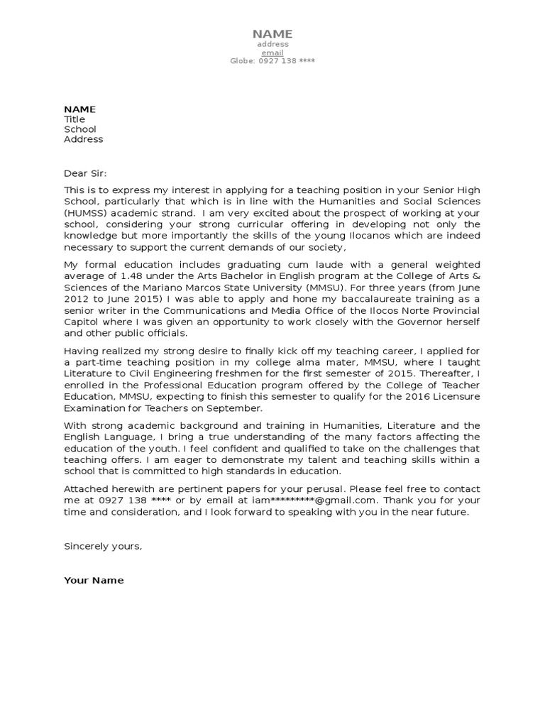 Application for Part-Time Teaching Position | PDF | Bachelor's Degree ...