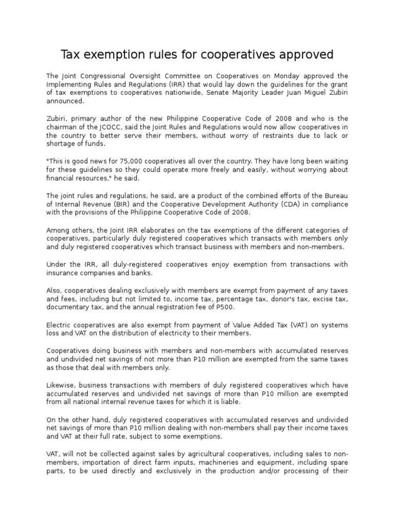 Tax Exemption Rules For Cooperatives Approved PDF Tax Exemption