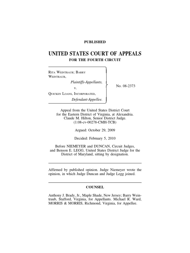 Weintraub v. QUICKEN LOANS, INC, 594 F.3d 270, 4th Cir. (2010) PDF
