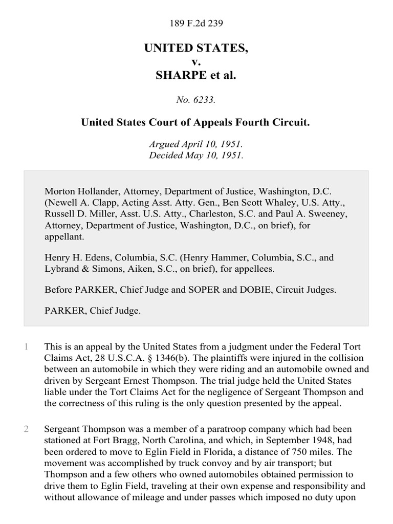 United States v. Sharpe, 189 F.2d 239, 4th Cir. (1951) | Tort | Negligence