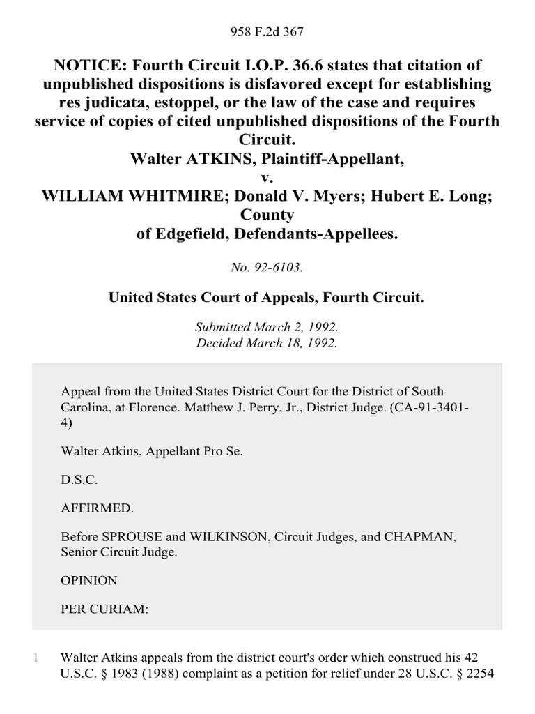 Walter Atkins v. William Whitmire Donald v. Myers Hubert E. Long County