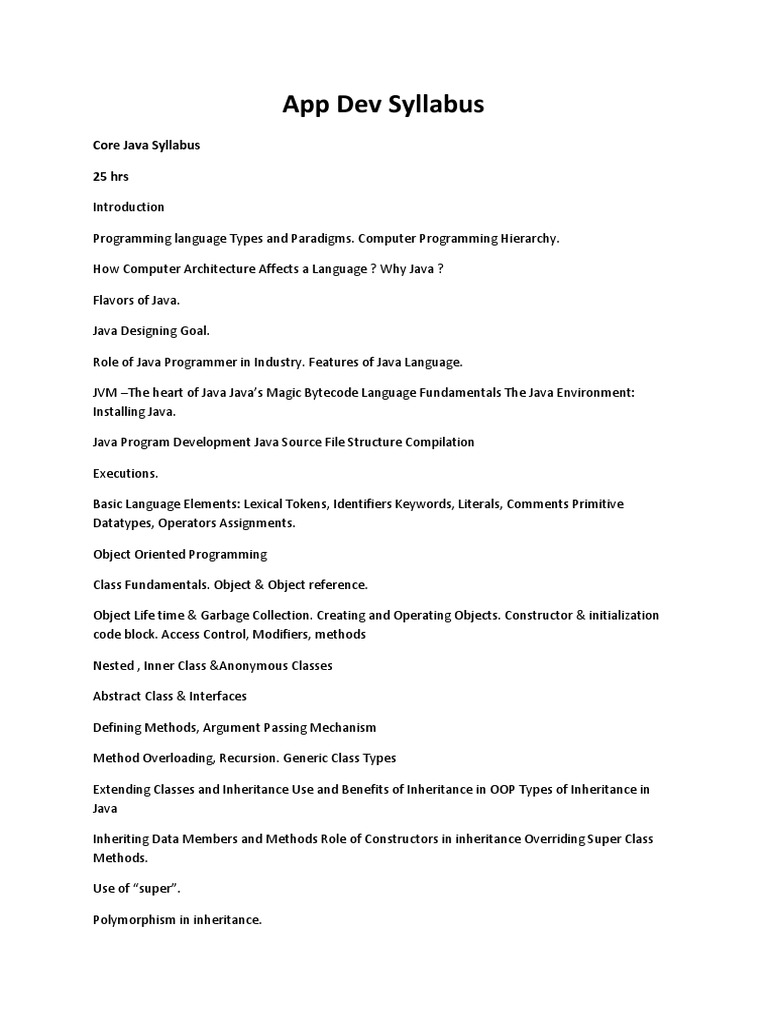 App Dev and Web Dev Syllabus | PDF | Java (Programming Language ...