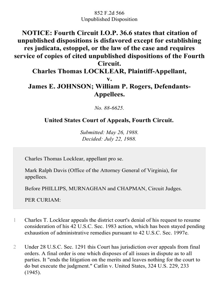 Fourth Circuit Dismisses Locklear Appeal | PDF