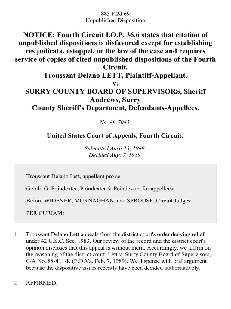 Troussant Delano Lett v. Surry County Board of Supervisors, Sheriff