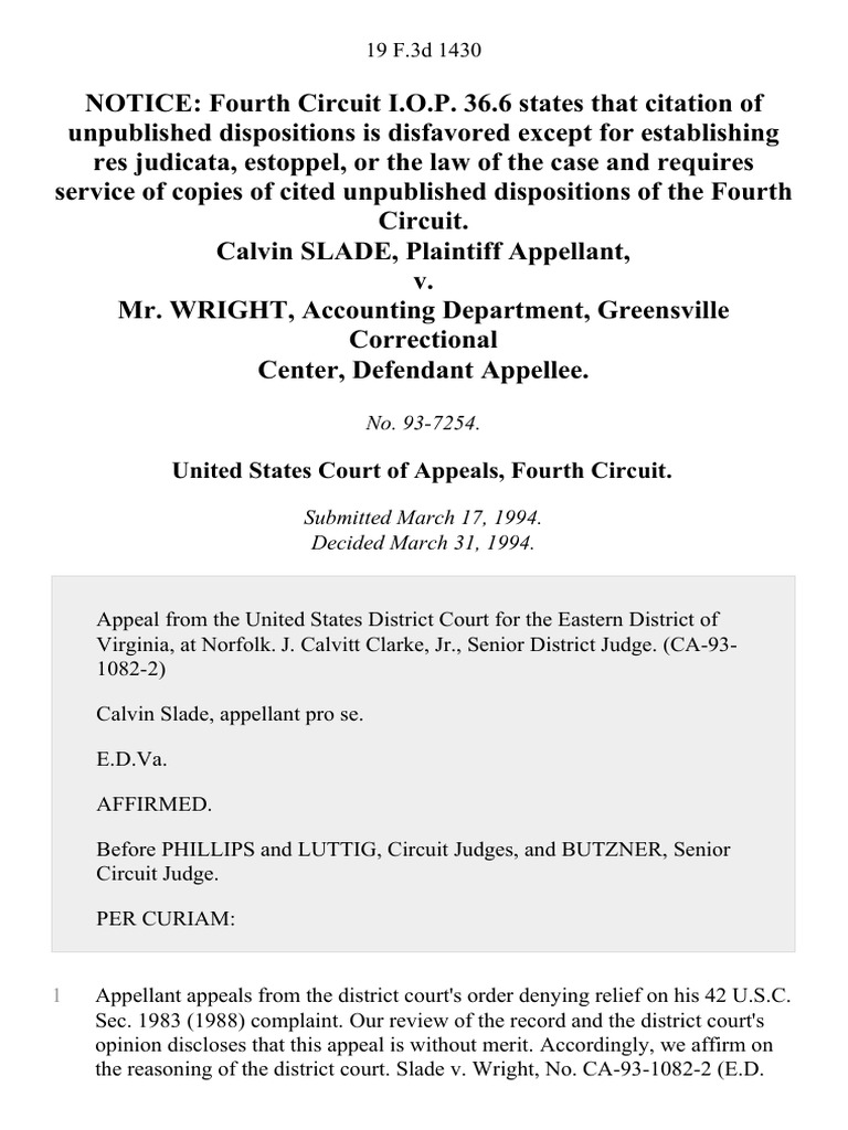 Slade v. Wright: Fourth Circuit Appeal Affirmed | PDF
