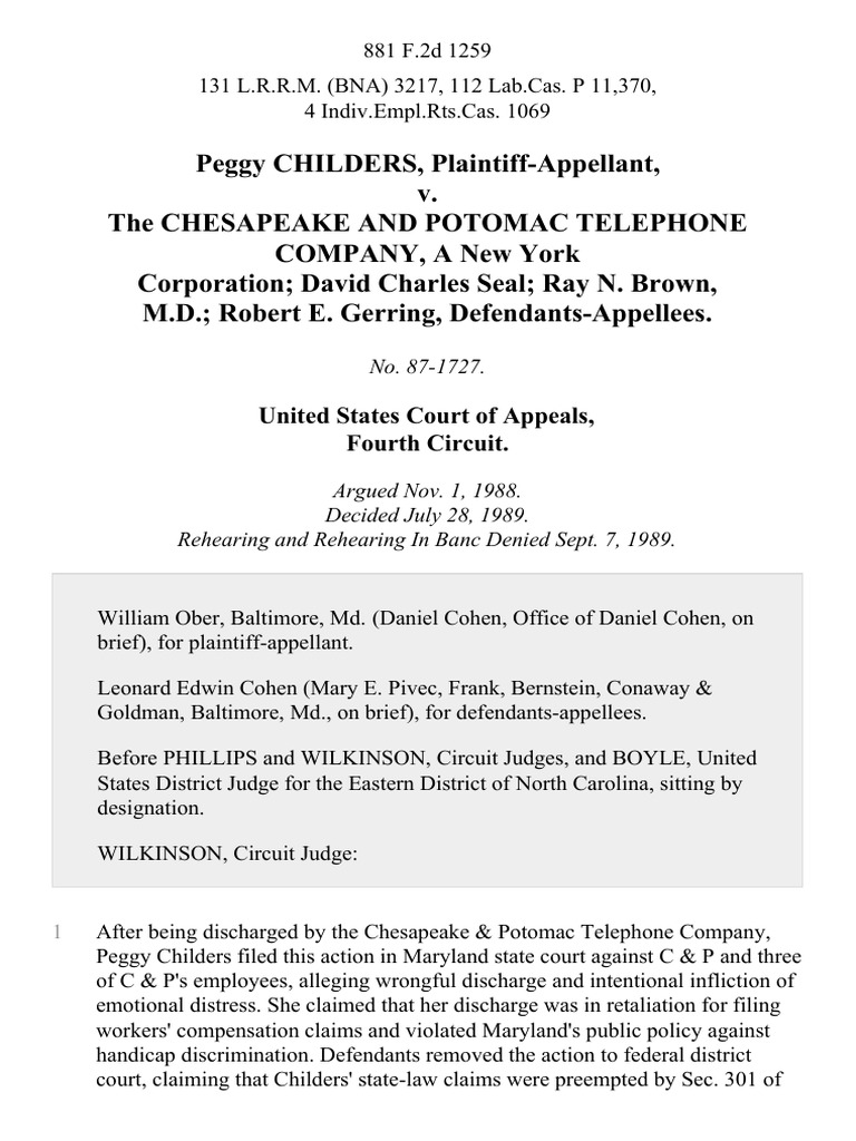 Peggy Childers v. The Chesapeake and Potomac Telephone Company, A New