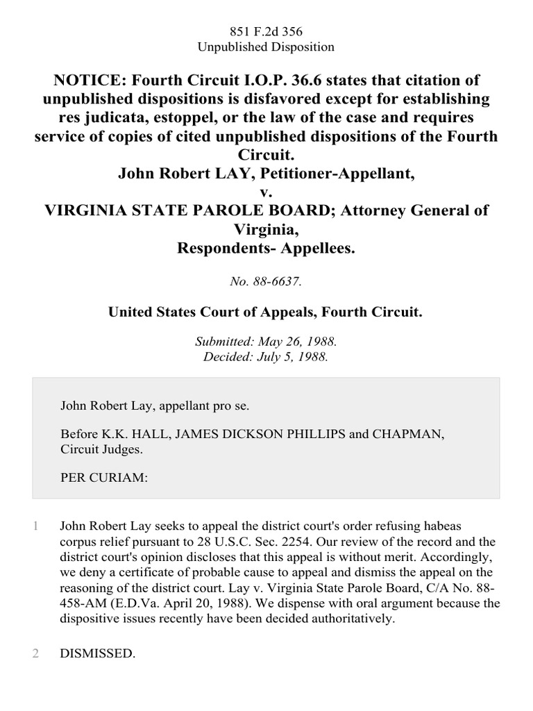 John Robert Lay v. Virginia State Parole Board Attorney General of