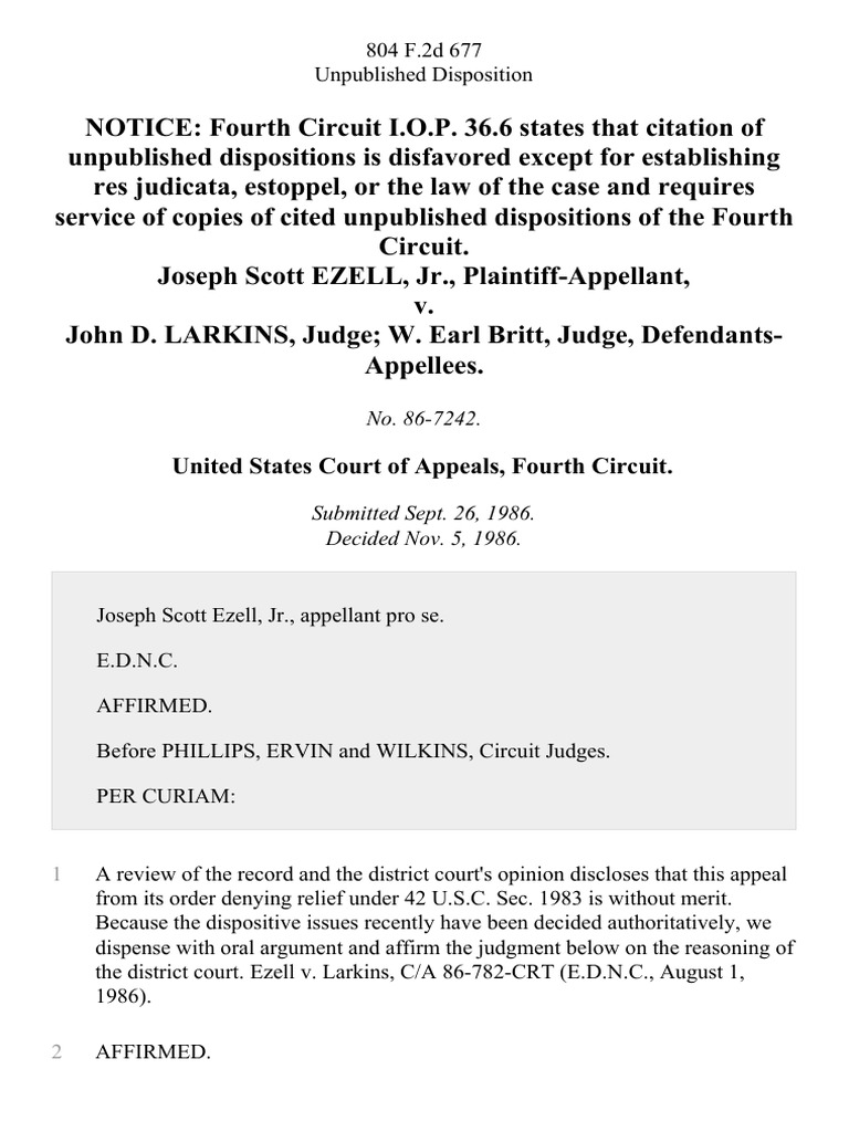 Joseph Scott Ezell, Jr. v. John D. Larkins, Judge W. Earl Britt, Judge ...