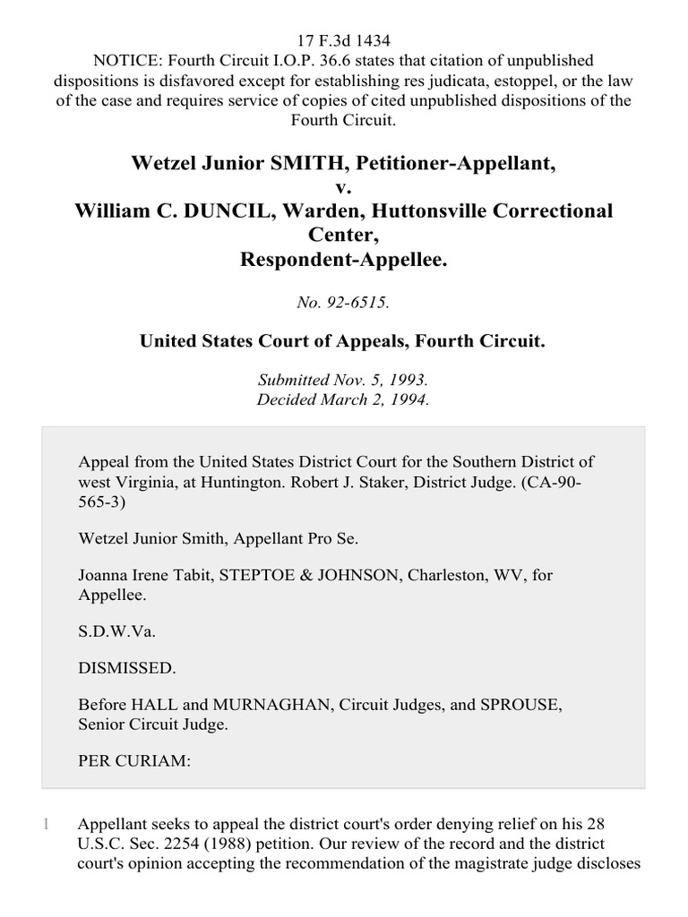 Wetzel Junior Smith v. William C. Duncil, Warden, Huttonsville
