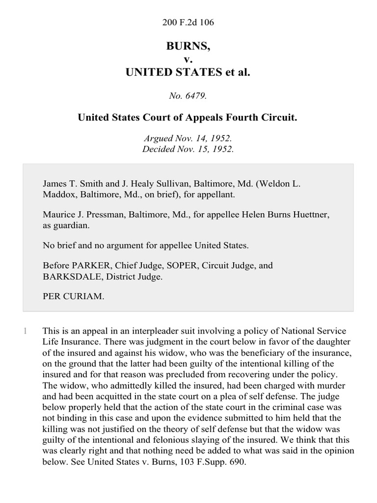 Burns v. United States, 200 F.2d 106, 4th Cir. (1952) PDF