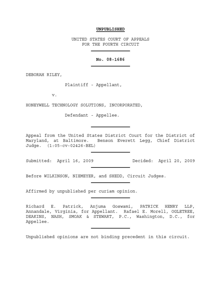 Riley v. Honeywell Technology Solutions, 4th Cir. (2009) | PDF ...
