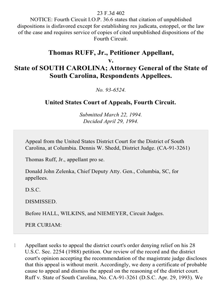 Thomas Ruff, Jr. v. State of South Carolina Attorney General of The