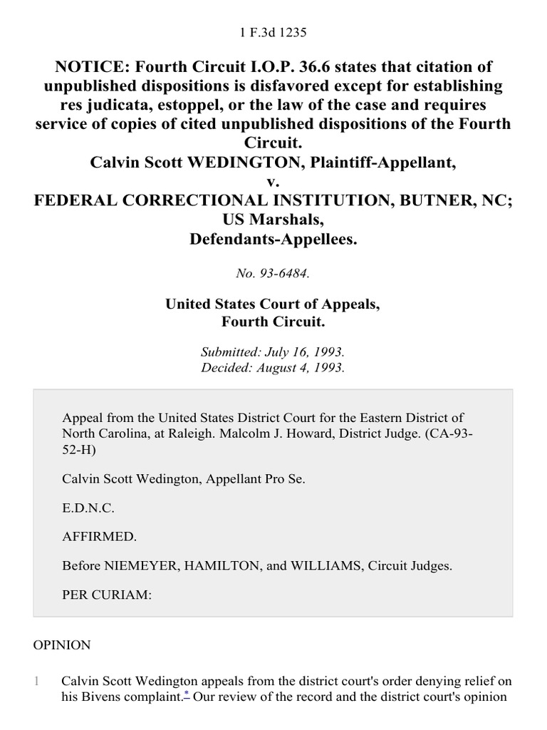 Calvin Scott Wedington v. Federal Correctional Institution, Butner, NC
