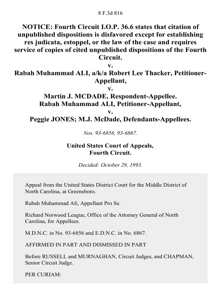 V. Rabah Muhammad Ali, A/K/A Robert Lee Thacker v. Martin J. McDade ...