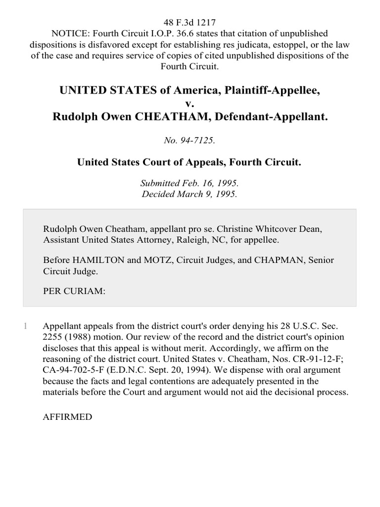 United States v. Rudolph Owen Cheatham, 48 F.3d 1217, 4th Cir. (1995) | PDF