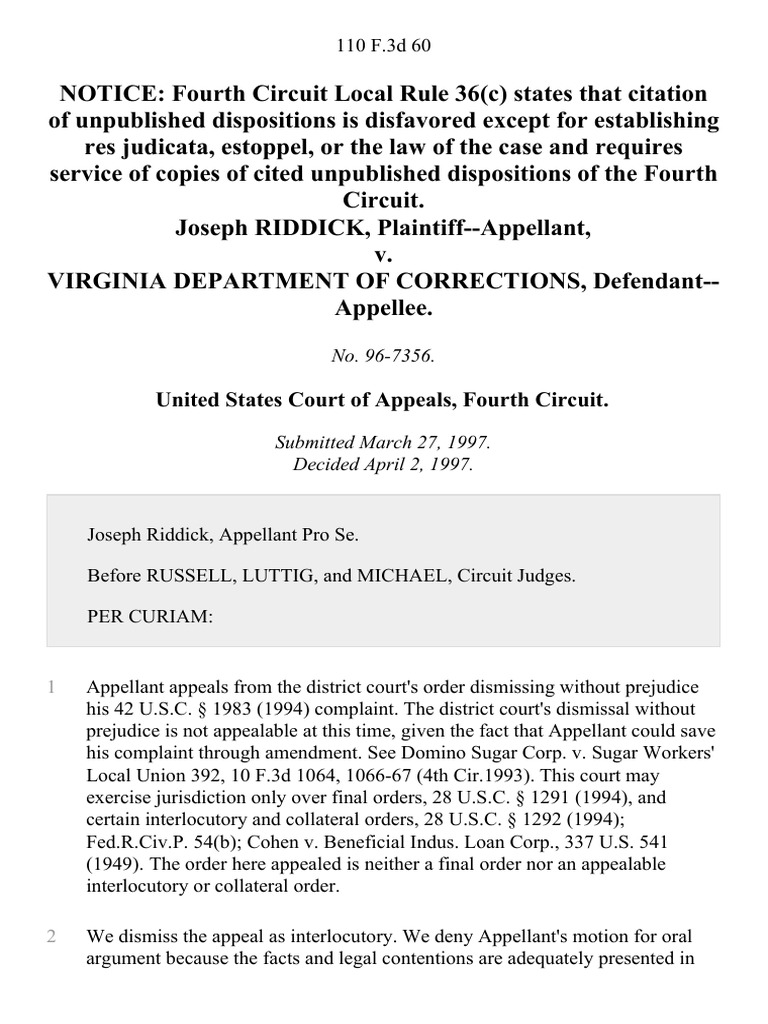 Riddick v. Virginia DOC Appeal Dismissed | PDF | Politics | Social Science