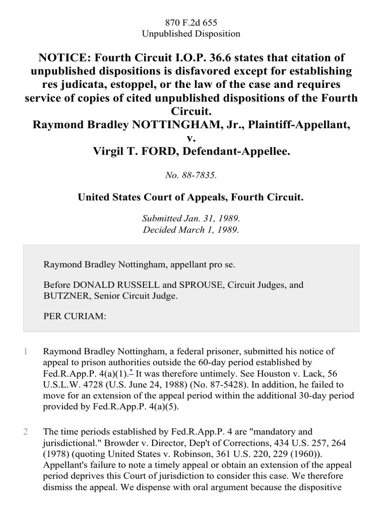 Raymond Bradley Nottingham, Jr. v. Virgil T. Ford, 870 F.2d 655, 4th ...