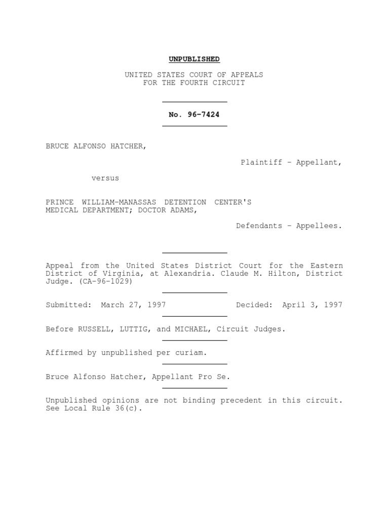 Hatcher v. Prince William-Man, 4th Cir. (1997) | PDF