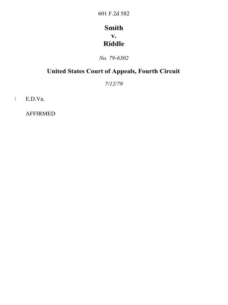 Smith v. Riddle, 601 F.2d 582, 4th Cir. (1979) | PDF | Law