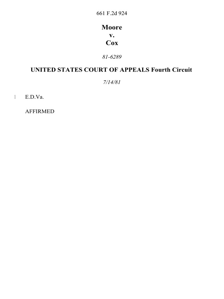 Moore v. Cox, 661 F.2d 924, 4th Cir. (1981) | PDF