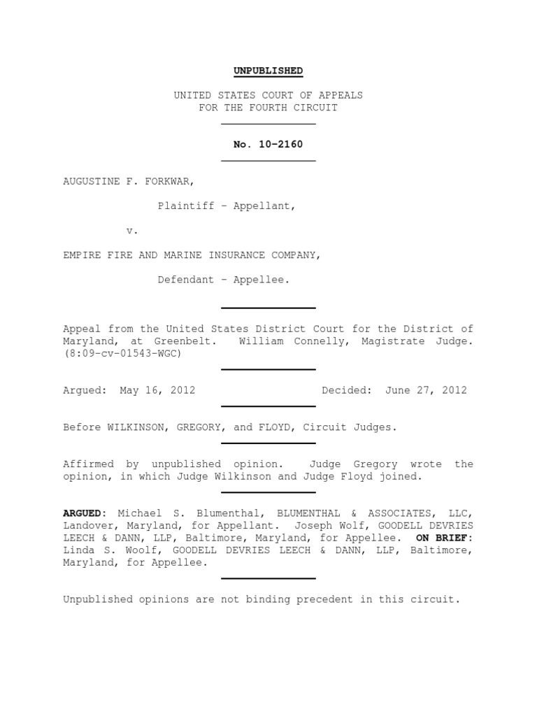Augustine Forkwar v. Empire Fire and Marine Insurance, 4th