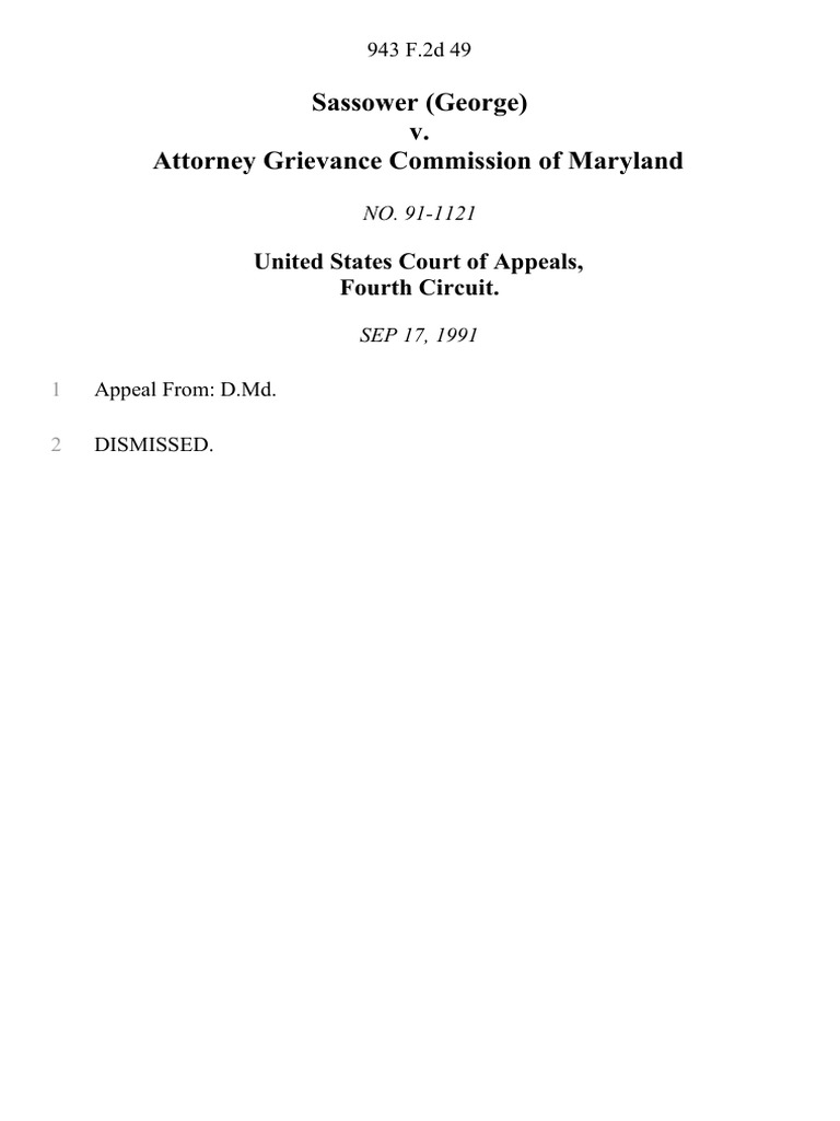 Sassower v. Attorney Grievance Commission of Maryland, 943 F.2d 49, 4th Cir. (1991) PDF