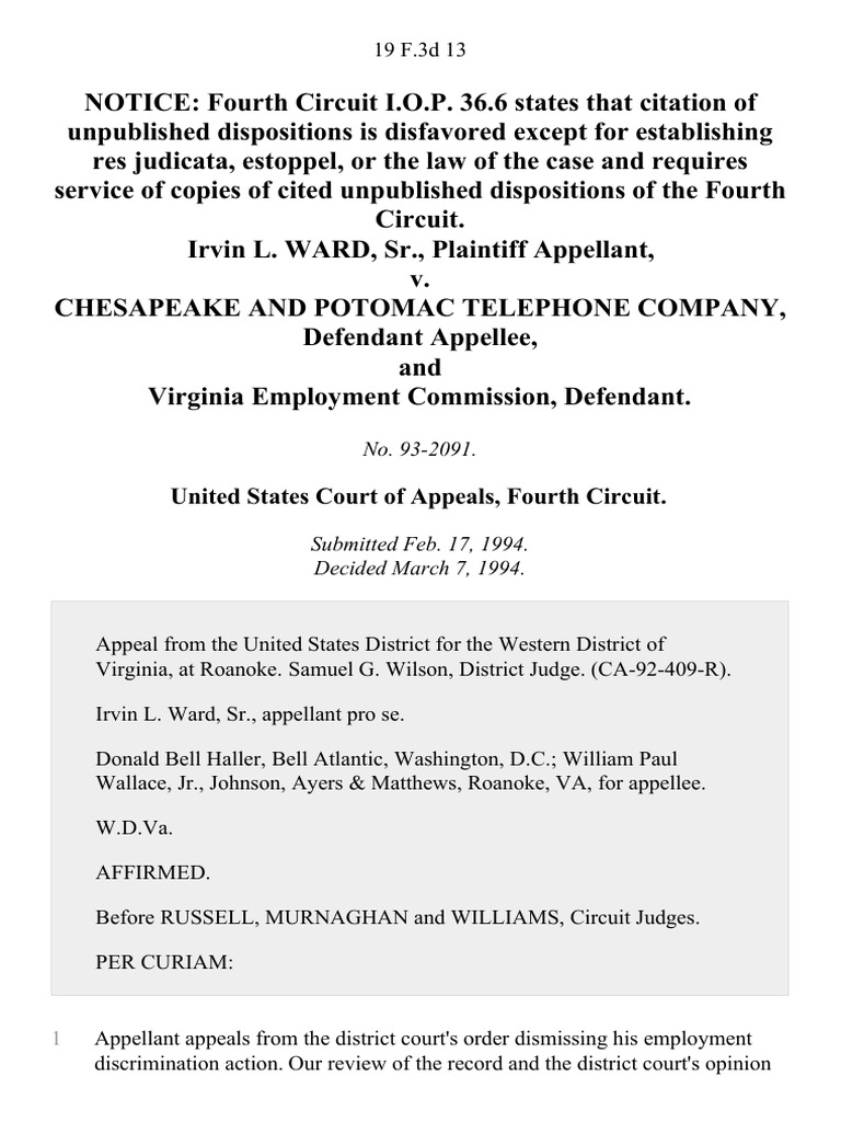 Irvin L. Ward, Sr. v. Chesapeake and Potomac Telephone Company, and