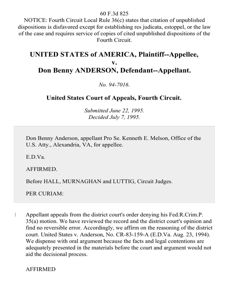 UNITED STATES of AMERICA, Plaintiff--Appellee, v. Don Benny ANDERSON ...