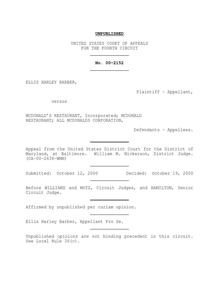 Barber v mcdonalds restaurant 4th cir 2000 pdf