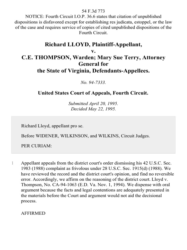 Richard lloyd v c e thompson warden mary sue terry attorney general