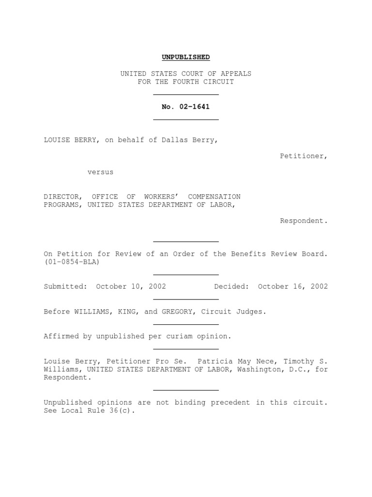 Berry v. DOWCP, 4th Cir. (2002) PDF