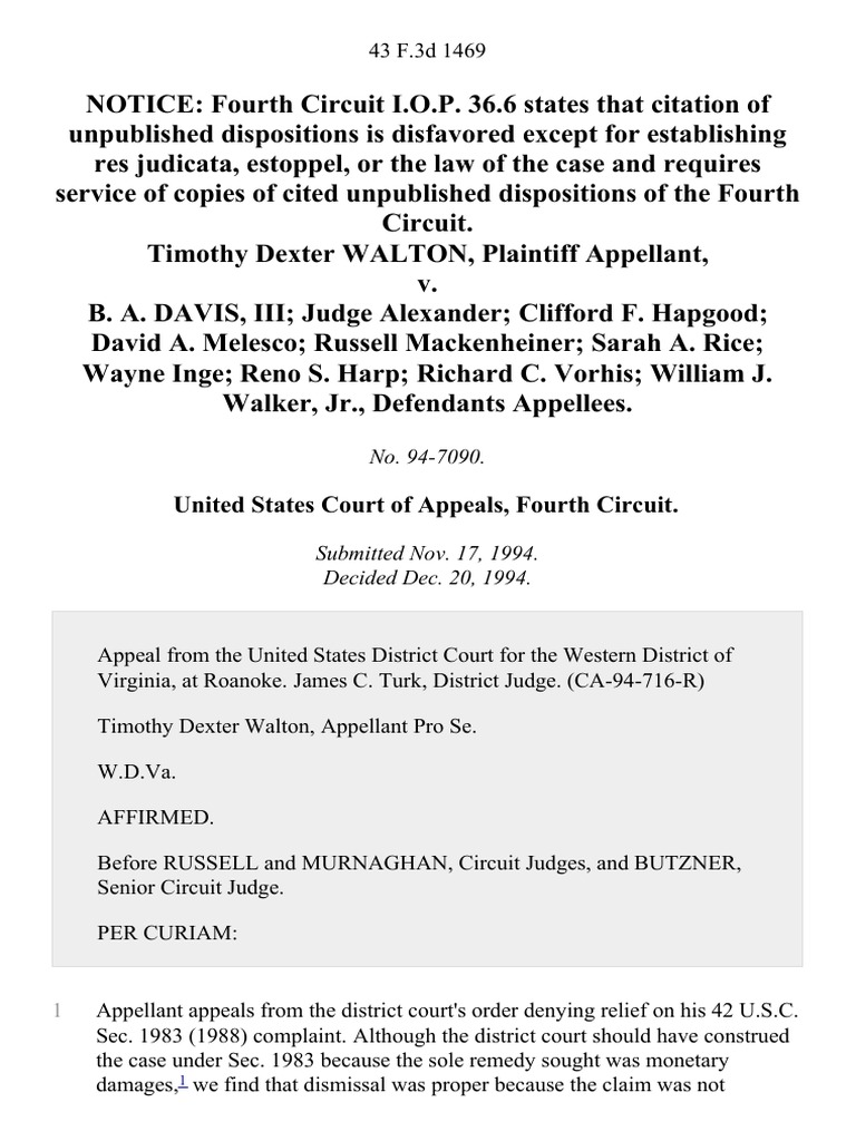 Fourth Circuit Case: Walton v. Davis | PDF | Law | History