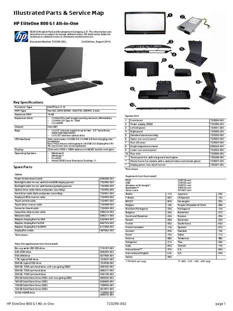 Part List HP EliteOne 800 G1 AllInOne Booting Bios