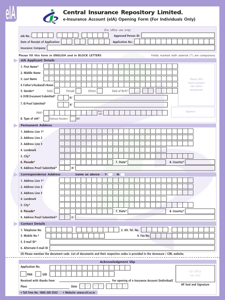 EInsurance Account (eIA) Opening Form PDF Identity Document