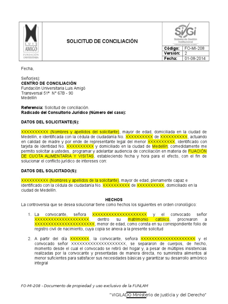 70 Modelo de Formato de Solicitud de Conciliacion Familia | PDF | Salario  mínimo | Salario