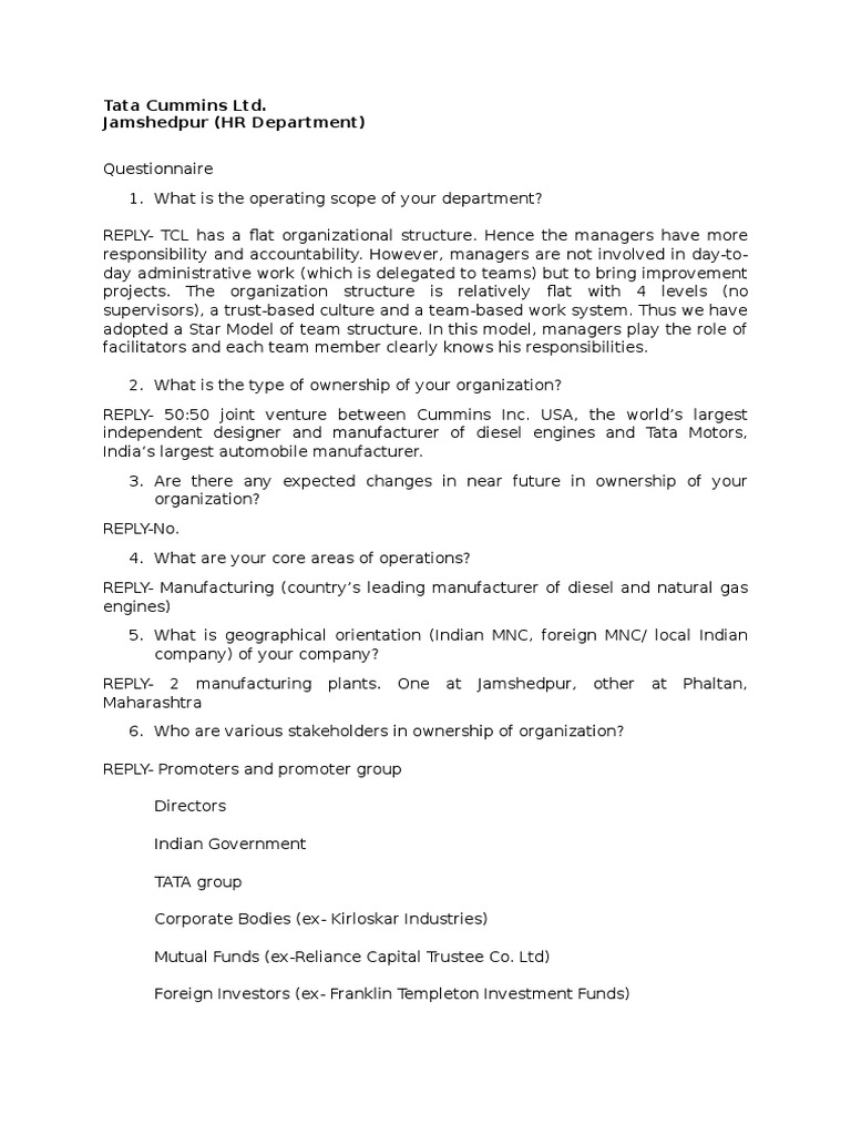 Tata Cummins HR Department Overview | PDF | Employment | Outsourcing