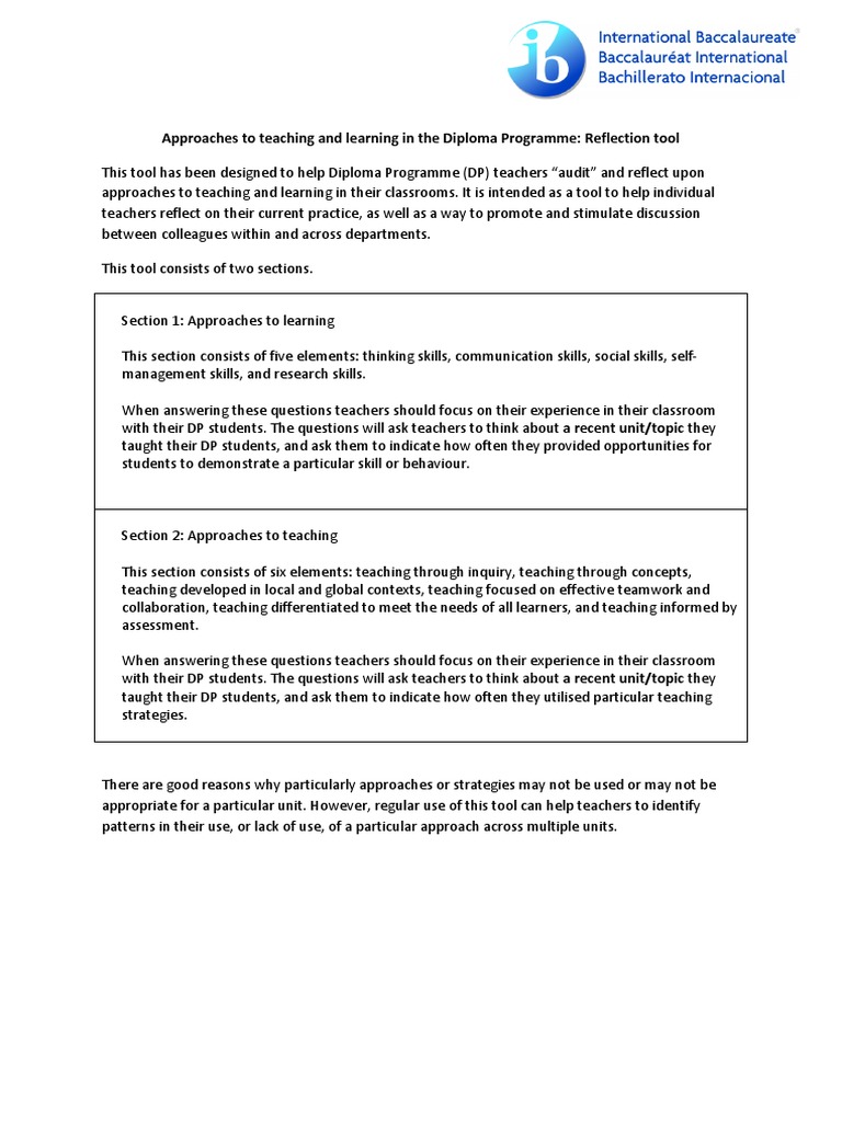 Approaches To Teaching And Learning Reflection Tool Pdf Educational
