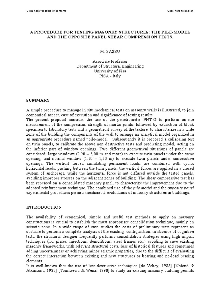 A Procedure For Testing Masonry Structures: The Pile-Model and The ...