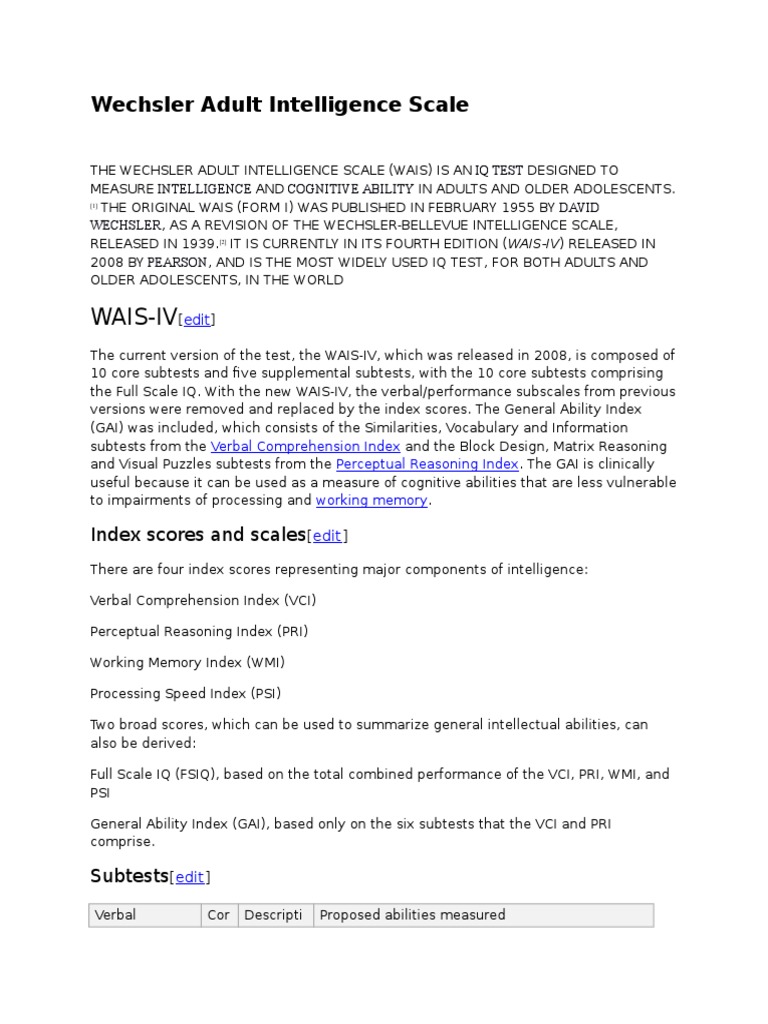 Wechsler Adult Intelligence Scale Overview | PDF | Wechsler Adult ...