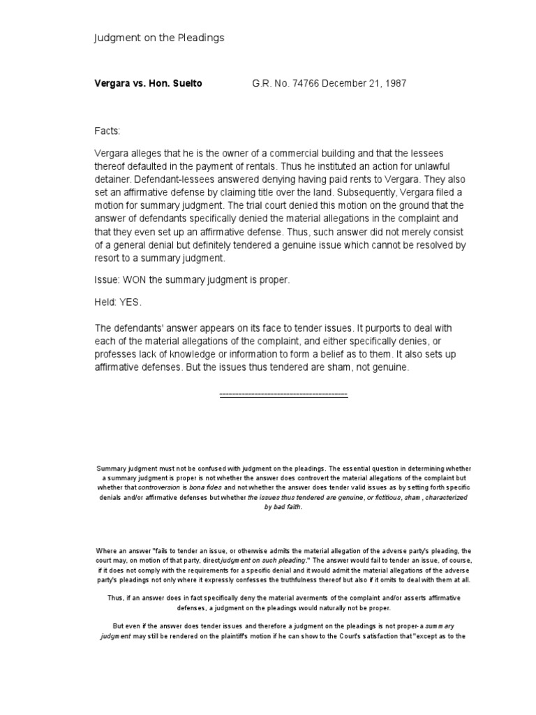 Judgment on the Pleadings Summary Judgment Pleading
