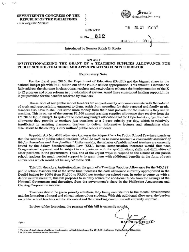 SBN812 Teaching Supplies Allowance Act of 2016 State School Teachers