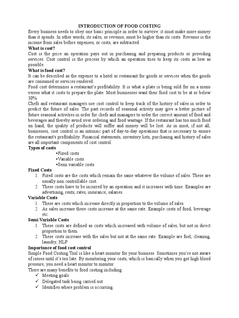 Introduction of Food Costing PDF Cost Accounting Restaurants