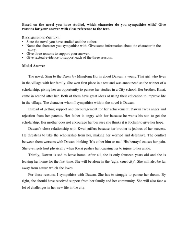 Spm Novel Sing To The Dawn Sample Answer A Character You Sympathise With Pdf