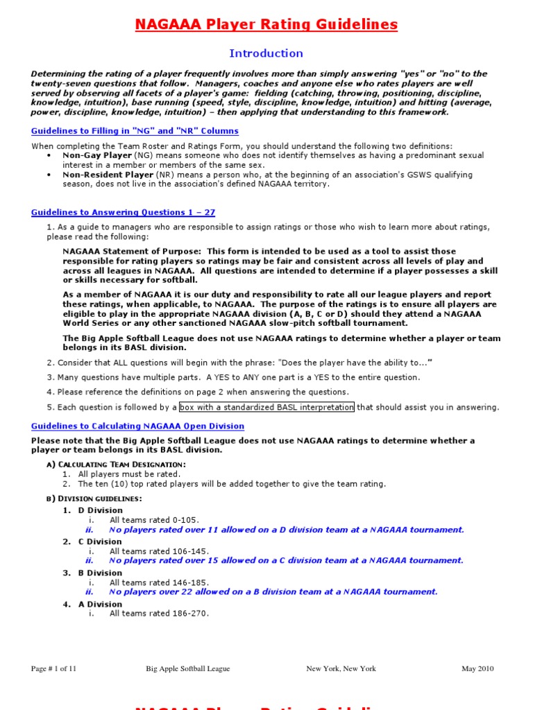 Basl Nagaaa Ratings Guidelines | PDF | Softball | Pitcher