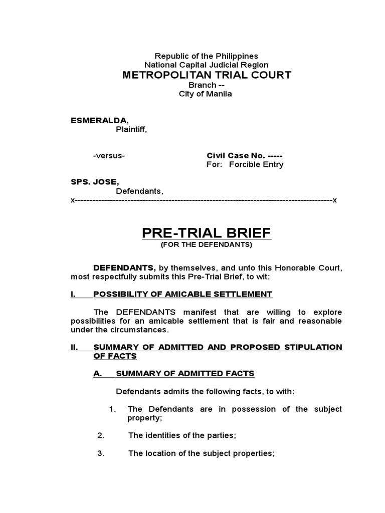 Pre Trial Brief Complaint Plaintiff